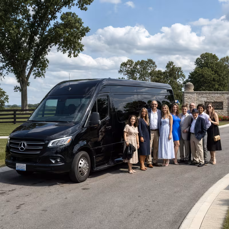 Group beside a Mercedes Sprinter limo from the Lexington fleet at the beach