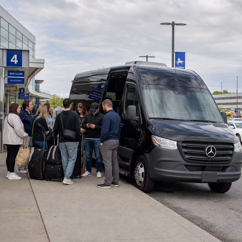 Group boarding a white charter bus for Airport Transportation transportation in Lexington