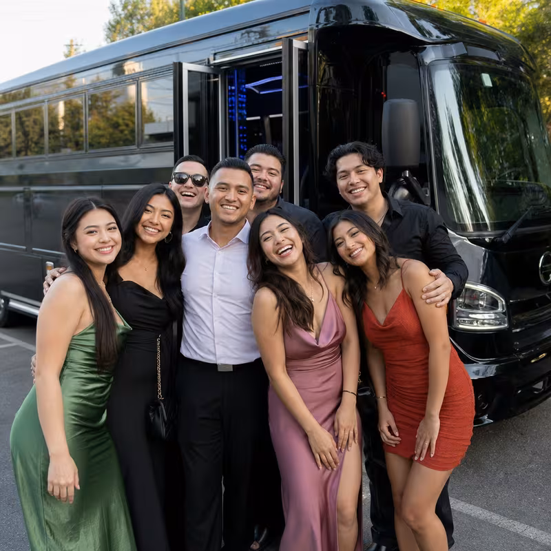 Group boarding a white charter bus for Birthday Transportation transportation in Lexington
