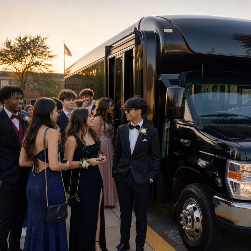 Group boarding a white charter bus for Prom & Homecoming Transportation transportation in Lexington