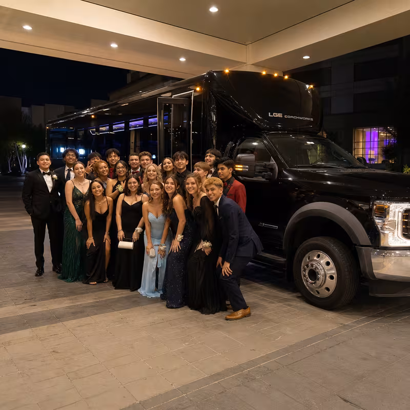 Party bus interior with wraparound leather seating and LED lighting in Lexington
